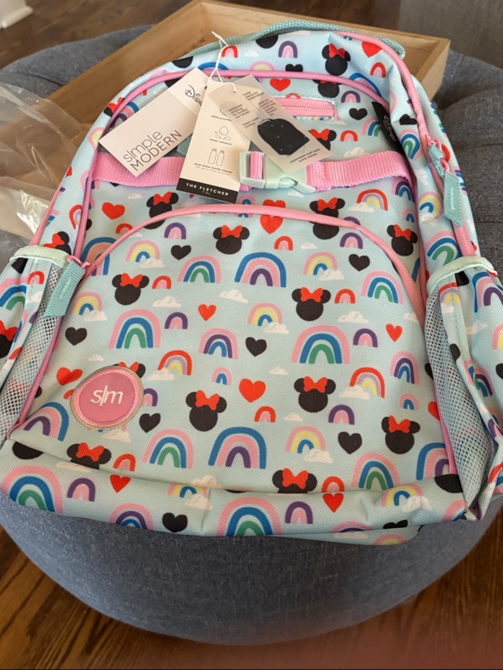 Disney Kids Backpack - Light Blue with Pink, Red, Black and Multicolor Rainbows